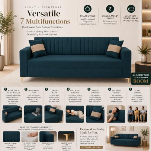 Image of FURNY Signature Regalia 3 Seater Sofa Set | Boston Fabric | 40D Foam + Zigzag Spring | 3-Yr Warranty (Peacock Teal & Warm Beige) | Modern Living Luxury Sofa Set for Home, Office & Hotel Spaces