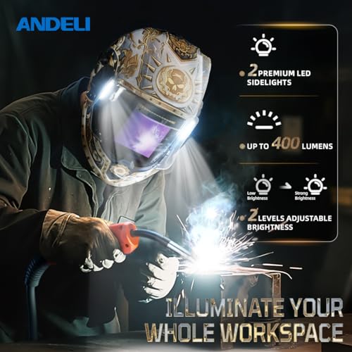 Image of ANDELI Welding Helmet - Panoramic 180 View 3.94 inchX3.74 inch,True Color Auto Darkening Welding Helmet with Light, 4 Arc Sensor, 4 /5-8 /9-13 Type-C Charging (MONERIG-LED)