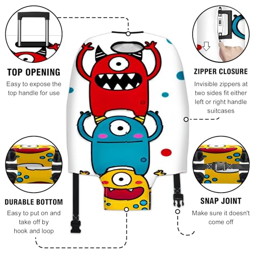 Compact Small Suitcase Cover Elastic Stretchable Protector for Carry-On Luggage Easy Access Handles Secure Fit Travel Sleeve Protective Sleeve Stylish Safety Stacked Monsters3