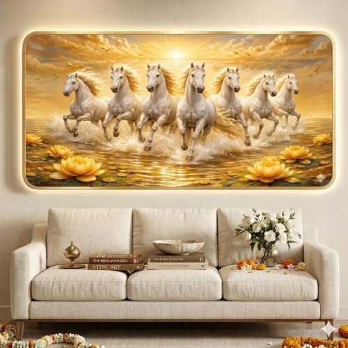 Image of Black Yard 7 Horses Realistic Painting With Frame For Wall Vastu | Seven Running Horse Painting For Wall Decor Living Room Decoration | Big Size Photo Frame (24 x 12 inch, 60 cm x 40 cm (Gold)