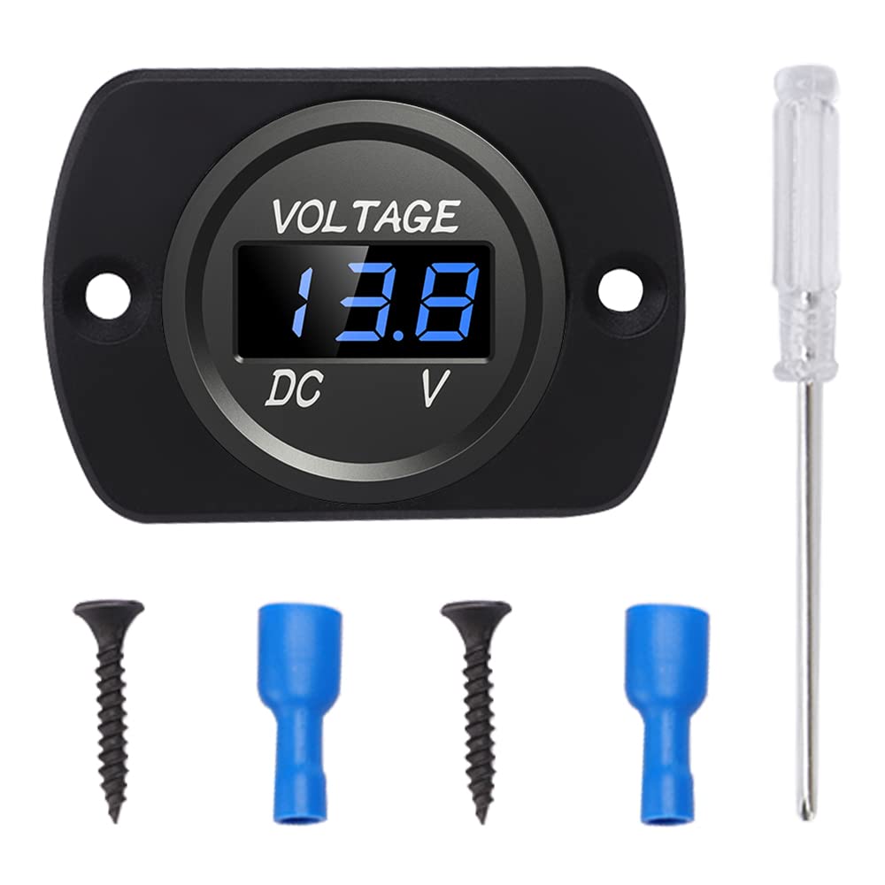 YIXISI DC 12V 24V Wodoodporny Woltomierz Samochodowy z Cyfrowym Wyświetlaczem LED i Płytą Montażową, Okrągły Miernik Testera Napięcia z Zaciskami do Łodzi Motocykl Ciężarówka ATV, Niebieskie Światło