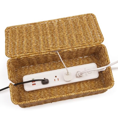 Image of ZhiYo Rattan Cable Management Box, Cord Organizer, Nature, 13.5 inchx6.2 inchx6 inch | Handwoven imitation rattan cord hider box conceals power strips and cables for a clean desk or floor setup