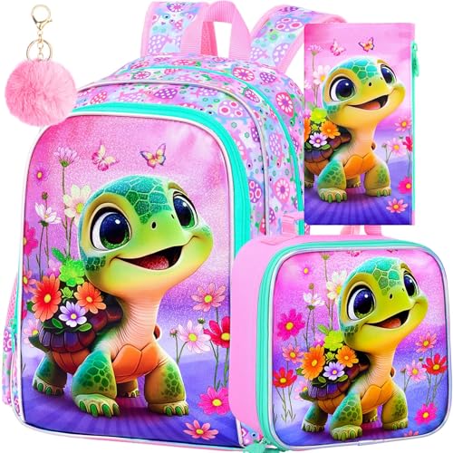 3 mochilas para meninas e meninos, mochila infantil de 40,6 cm, pré-escolar, mochila escolar e lancheira, Tartaruga, 16 inches