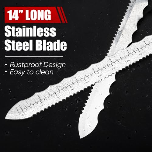 Image of PINOZE 14 inch Insulation Knife, Stainless Steel Blade Insulation Cutter w /Laser Scale, Dual-Side Serrated Duct Knife Tool with Sheath for Cutting Heat Material Foam /Rockwool /Styrofoam, Garden Sod Cutter