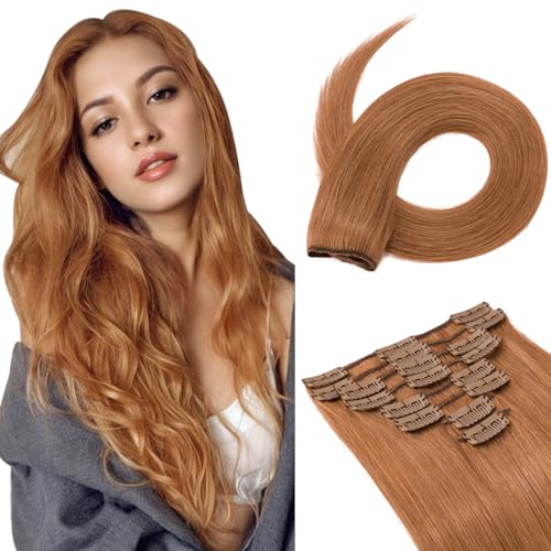 Image of Benehair Clip in Real Human Hair Extensions Auburn Long Straight Remy Natural Remy Hair Extensions Full Head 8pcs for Women 12inch #30 Light Auburn