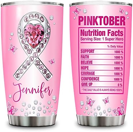 HYTURTLE Personalized Gifts for Breast Cancer Awareness Month Warrior Fighter Survivor - Printed Ribbon Nutrition Fact Custom Name 20oz Stainless Steel Tumbler For Women Girl Mom Daughter
