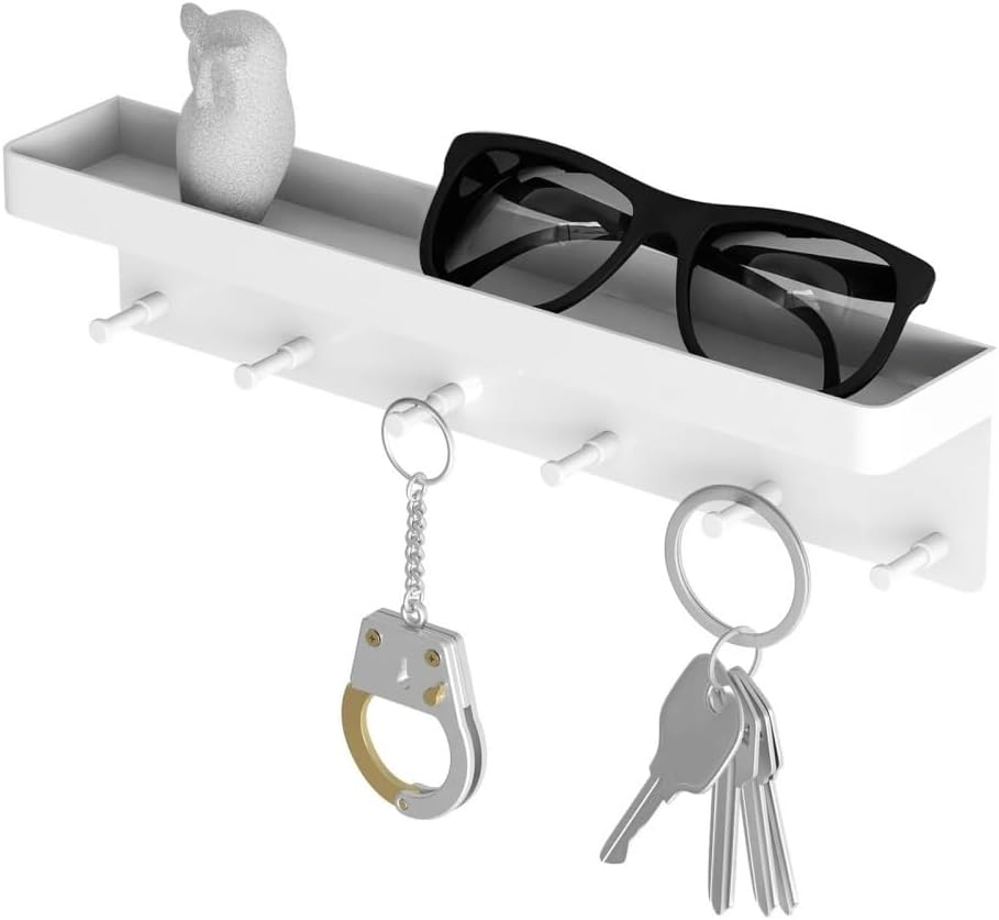 Hat Rack for Wall 6 Hooks Coat Rack Wall Rack Shelf Modern Clothes Storage Rack Hook Towel Coat Hanger Key Chain Shelf Glove Storage Box for Bathroom Entryway(White)