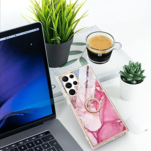 Laurraine Case Compatible with Samsung S22 Ultra 5G, Luxury Shiny Marble IMD Slim Case, Gold Glitter Marble Design with 360 Degree Swivel Ring Stand for Galaxy S22 5G (Pink)