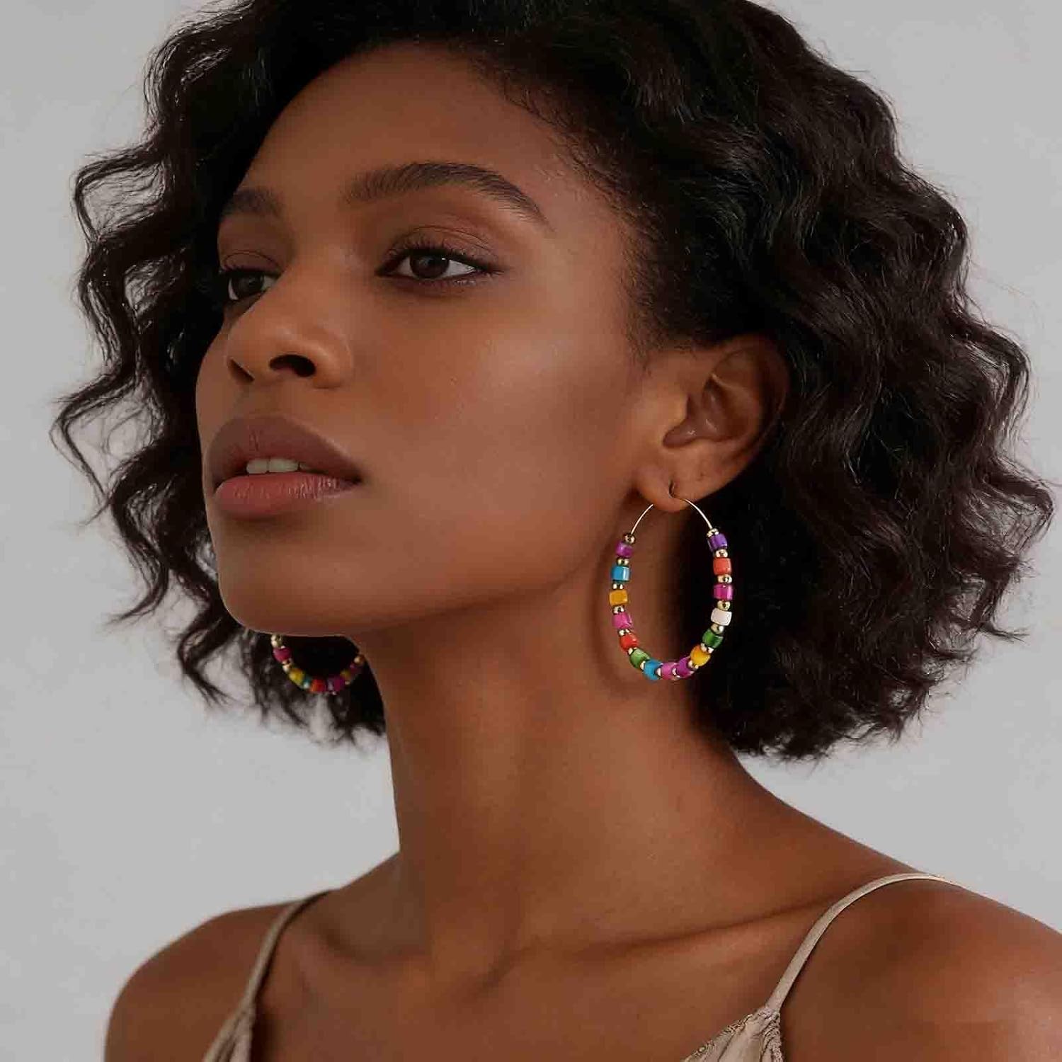 Boho Rainbow Seed Beaded Circle Earrings Circle Bead Hoop Earrings Colorful Bead Hoop Dangle Earring Acrylic Multi Color Beads Round Earring Jewelry for Women - Image 3