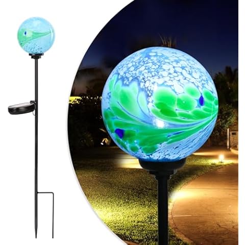 Solar Outdoor Decorative Lights Color Swirl Solar Garden Stake Glaze Glass LED Solar Garden Globe Lights Outdoor Decorative Lights for Pathway Yard Lawn Decoration Blue&Green 1 Pack Cover
