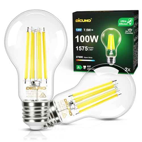 DiCUNO Lampadina LED Ultra Efficiente E27, 7,5W equivalente 100W, Bianco caldo 2700K, Lampade a filamento Edison LED a risparmio energetico, Classe energetica A, 1575lm, Vetro, 2 Pezzi