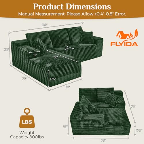 Image of 108 inch Boneless Cloud Sectional Couches for Living Room, Comfy Fluffy L Shaped Memory Foam Deep Seat Boneless Couch, Modular Sectional Sofa with Left Facing Chaise, Green