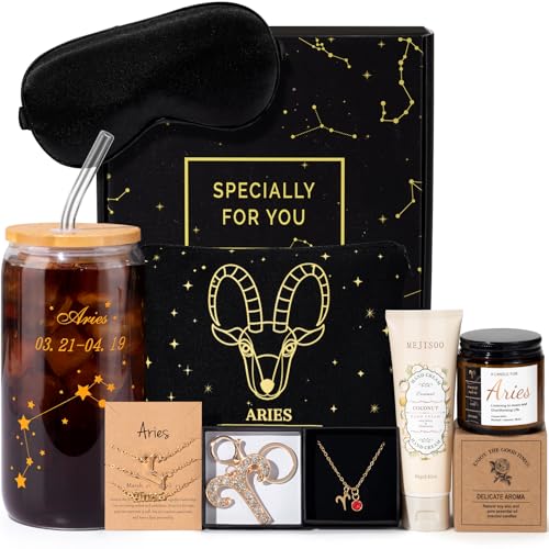 13PCS Aries Birthday Gifts for Women Aries Zodiac Gifts for Women Baskets Get Well Gifts for Woman Friends Female Friendship Ari Astrological 16 oz Glass Cups with Gift Set Box