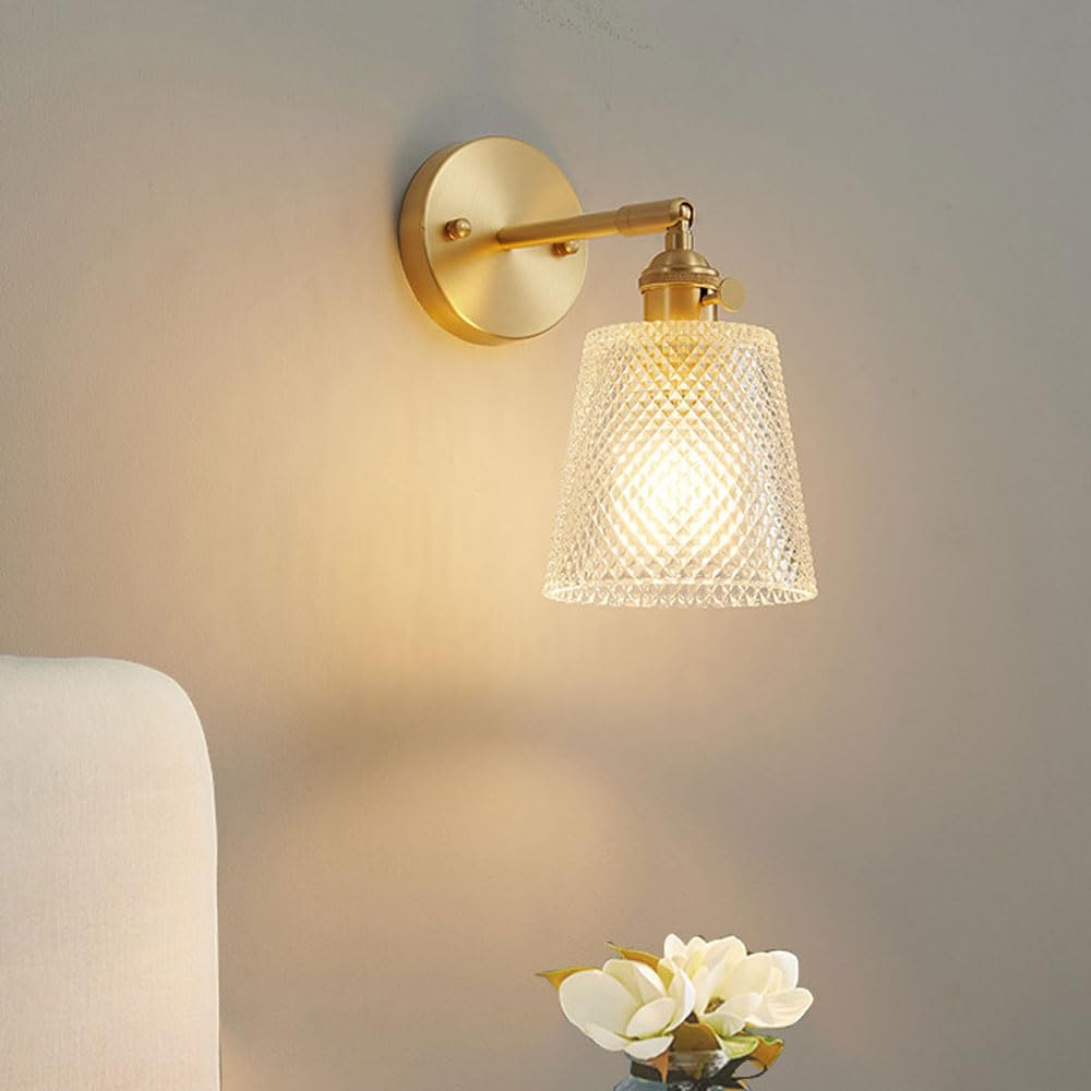 HPTHLY Clear Glass Wall Sconced Adjustable Wall Lamp With Brass Rotary Switch, Vintage Elegant Hand Blown Transparent Glass Wall Light Fixture For Bedroom Be(D)