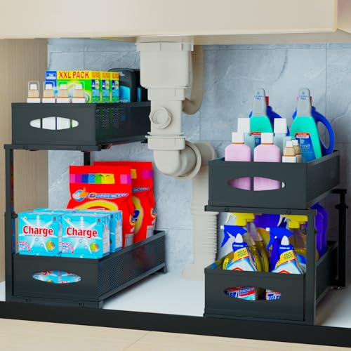 Bepuo 2 Pack Under Sink Organizer,2 Tier Pull Out Sink
