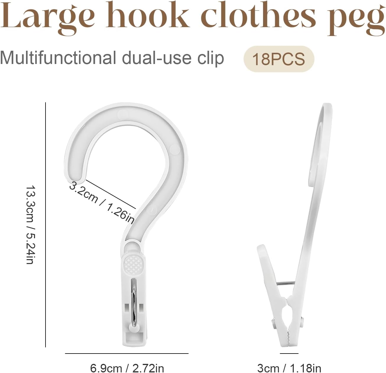 18 Heavy-Duty Clothes Pegs with Hooks - White Multi-Purpose Clips