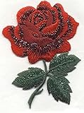 Red Rose with Open Petals on Stem Embroidered Iron on Patch