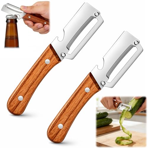 2pcs Multifunktionaler Gemüseschäler 2 In 1 Edelstahl-Gemüseschäler Mit Ultrascharfer Klinge Sparschäler mit Holzgriff & integriertem Flaschenöffner für Obst Gemüse & Fleischscheiben