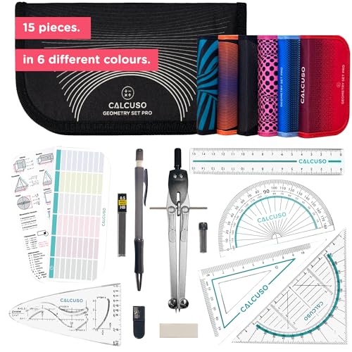 15-Piece Professional Maths Set & Geometry Sets for Secondary School Compass Maths Protractor and Compass Set Premium Zipper Case in 6 Colours