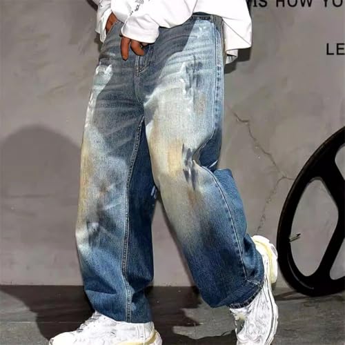 Men’S Vintage Hip Hop Graffiti Baggy Skateboard Denim Pants Slim Fit Full Length Button Fly Distressed Print Trousers3