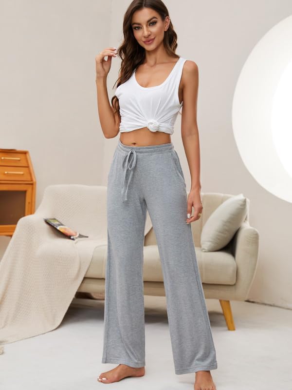 HEARTNICE 2 Pack Women's Pajamas Pants with Pockets Wide Leg Lounge Casual Loose Comfy Stretch Rib Yoga Sweatpants - Image 4