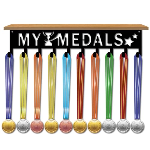 CREATCABIN Estante de Exhibición de Trofeos My Medals, Estante de Exhibición para Colgar Medallas con Bandeja de Tablero de Densidad, Soporte de Pared, Soporte para Trofeos Negro, Organizador de