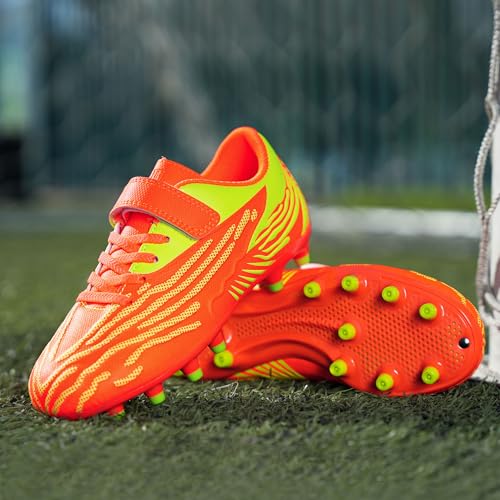 brooman Kids Firm Ground Soccer Cleats Boys Girls Athletic Football Shoes (3,Orange Lime) — view 3