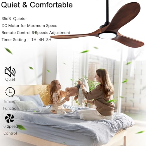 Image of 42-inch silent ceiling fan light with remote control, 3CCT, walnut finish.