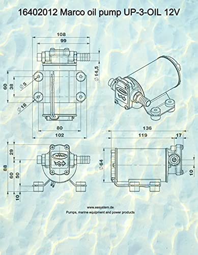 MARCO UP3/OIL selbstansaugende Ölpumpe mit Bronzezahnrädern 5,5 L/min 2 Bar 12V Transferpumpe Bootspumpe Dieselpumpe Schiffspumpe Heizölpumpe Förderpumpe Yachtpumpe, Blau, 138x108x89 mm; 1.4 kg