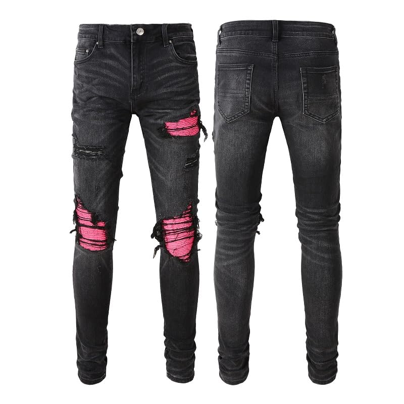 Mens Pink Splicing Leather Patchwork Ripped Jeans Skinny Pants Stretch Slim Fit Distressed Trousers
