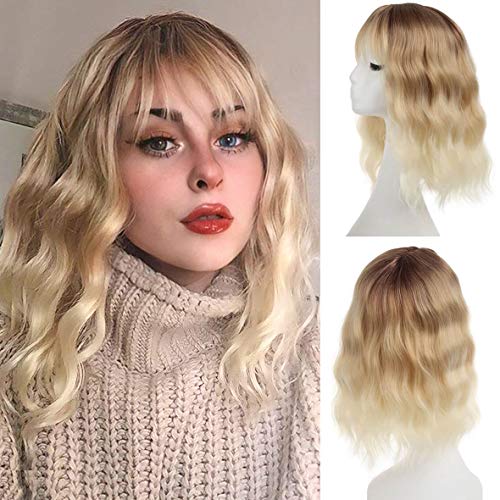 Leeven Ombre Blonde Perücke Bob Damen Perücken mit Pony Kurz Curly Kostüm Wig Hochwertige Perrücke Blonde Frauen 35.5cm Schulterlange Short Bob Wig with Bangs/Ombre Blonde Cover