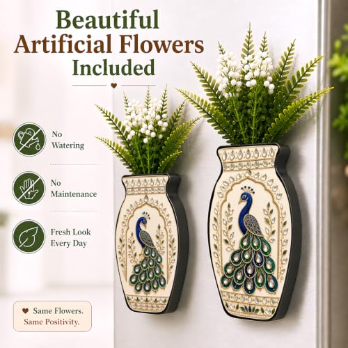 Image of Regalo Casila Magnetic Artificial Flower Vase Fridge Magnets Set of 2 Peacock Kundan Art Indian Ethnic Decorative Refrigerator Magnets Traditional Home Kitchen Office Decor Gift