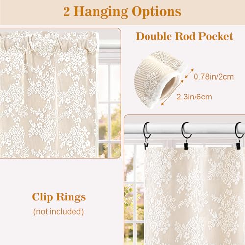 Image of Yinhua Beige Kitchen Curtains 36 Inch Length Double Layer Blackout Cafe Curtains with Floral Sheer Overlay Rod Pocket Short Curtain for Windows, Small Window Curtain for Bathroom Living Room, 2 Panels
