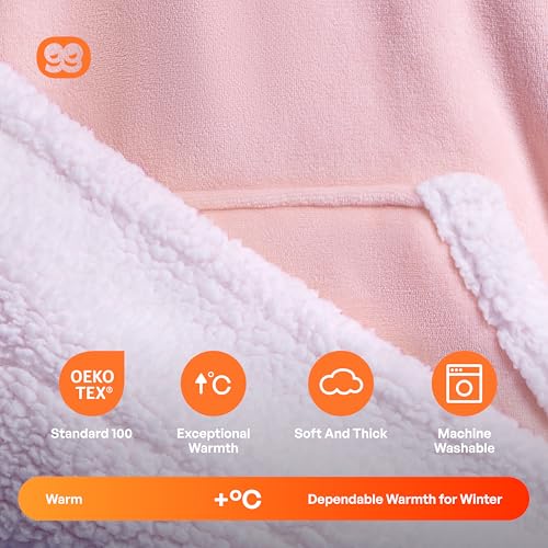Giggling Getup Wearable Blanket Hoodie for Girls and Boys Sherpa Fleece Hooded Blanket Sweatshirt Warm Cozy Sherpa Wearable Throw Oversized Hoodie with Giant Pocket & Sleeves for Kids Pink