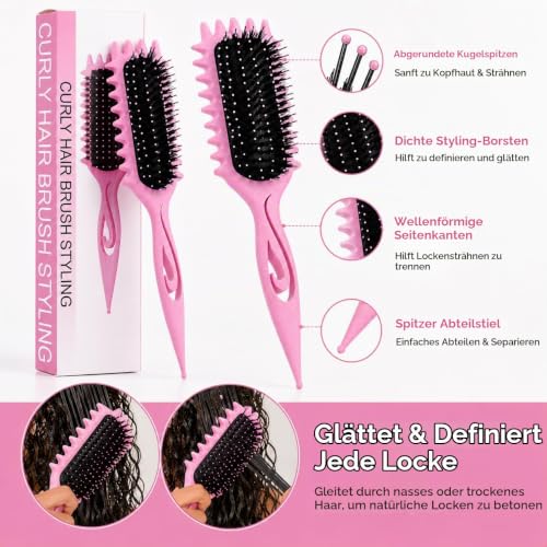 Lockenbürste Curly Hair Brush mit Wildschweinborsten,Stylingbürste (Rosa) – Ansicht 5