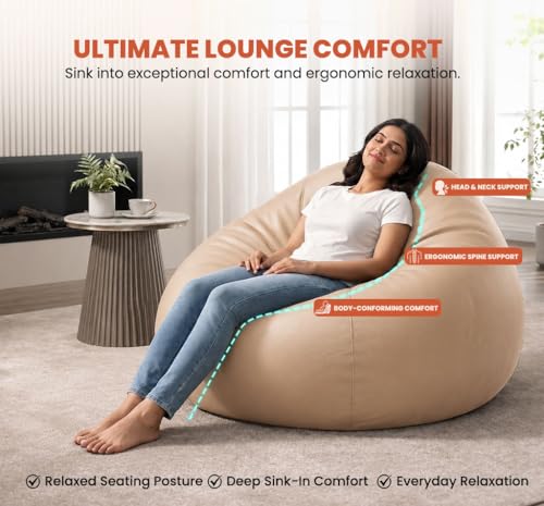Image of Sattva Classic 2XL Bean Bag Chair with Beans Filled | Faux Leather Sofa Style Beanbags with Beans for Living Room | Pre-Filled Beans Bag with Beans for Adults | Large Bin Bags Sofa - Cream