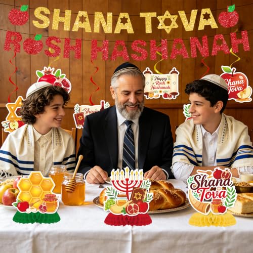 Image of Gameza Happy Rosh Hashanah Decorations - 11PCS Rosh Hashanah Glitter Party Banners Hanging Swirls Honeycomb Centerpieces, Shana Tovah Jewish New Year Festival Holiday Party Supplies Decor