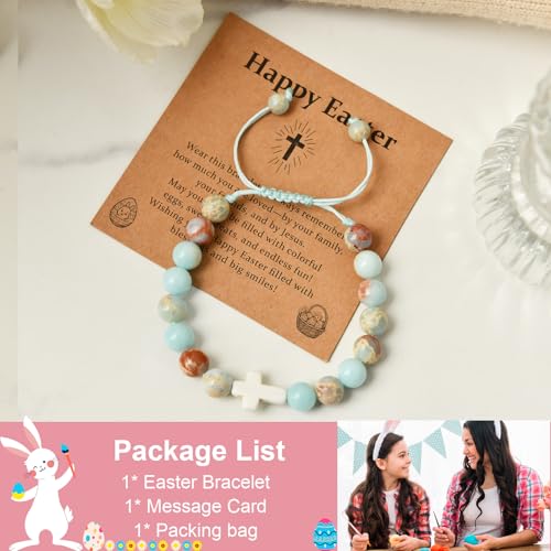 Image of Lamyba Easter Gifts for Kids /Teens /Girls, Christian Natural Stone Beaded Bracelets, Easter Basket Stuffers Essentials, Adjustable Cross Bracelets, Blue /Black