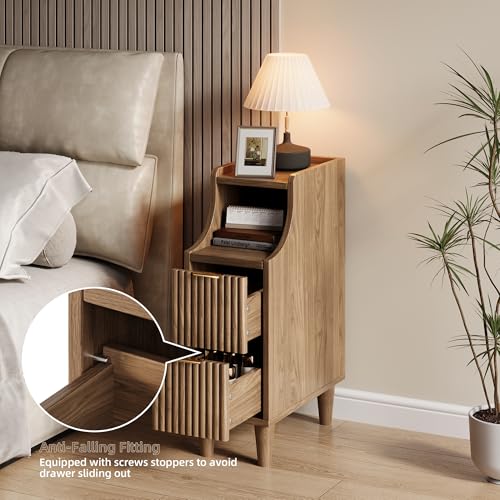 Image of Fluted Nightstands Set of 2,Narrow Bedside Table with 2 Drawers & Storage, Farmhouse Walnut End Table Modern Side Table for Bedroom Livingroom Sofa Office