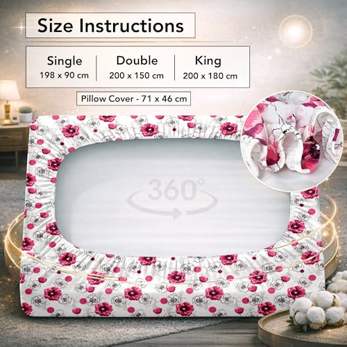 Image of Divine Casa Elastic Bedsheet Double Size (200 x 150 CM) with 2 Pillow Covers | Cotton Double Bed Sheet | Fitted Sheet for Double Bed | Snug Fit Mattress Sheet 200x150