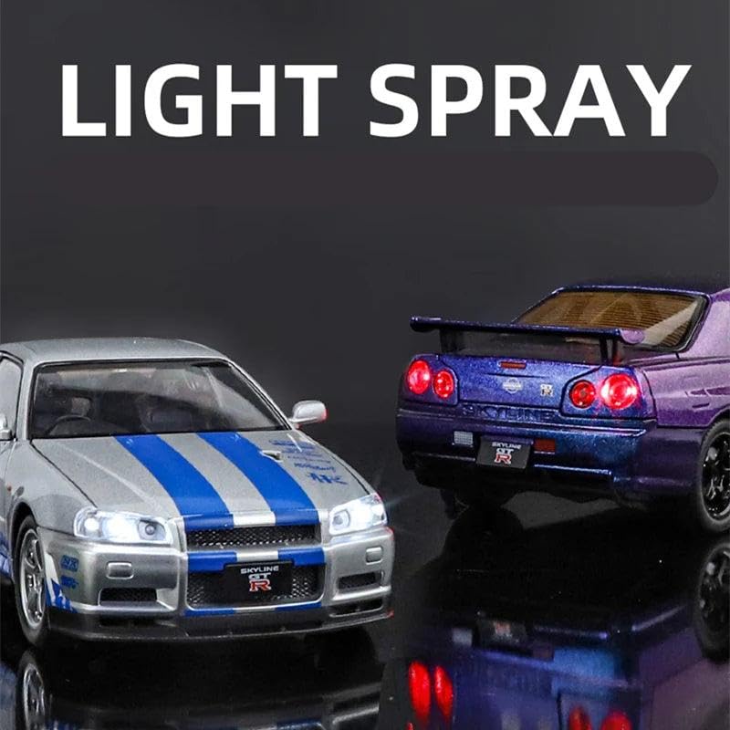 Image of PLUSPOINT Diecast Metal Skyline GTR-R34 P.Walker Edition Sports 1:24 Scale Dualtone Simulation Model Alloy Pull Back Toy car for Kids with Openable Doors & Light, Music Toy Vehicle for Kids, Adults