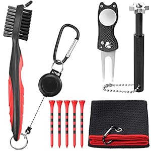 Golf Accessories Gift Set, VinTeam Golf Towel, Golf Club Brush with Groove Cleaner, Foldable Divot Repair Tool with Ball Marker, Club Groove Cleaner Set and Golf Tee Holder – Golf Club Cleaning Kit