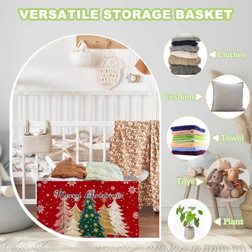 Image of Classic Tree & Snowman Christmas Storage Baskets, Empty Gift Baskets, Xmas Home Decor, Large Square Waterproof Canvas Laundry Hamper With PE Coating, Foldable Toy & Clothes Bins for Bedroom