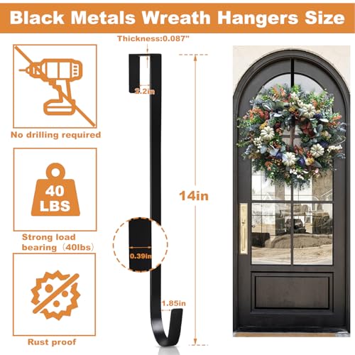 PECULA 2 Pack 14' Wreath Hangers for Front Door, Wreath Hanger 40lb Load-Bearing, Metal Wreath Hanger for Welcome Sign, Door Decorations (Black)