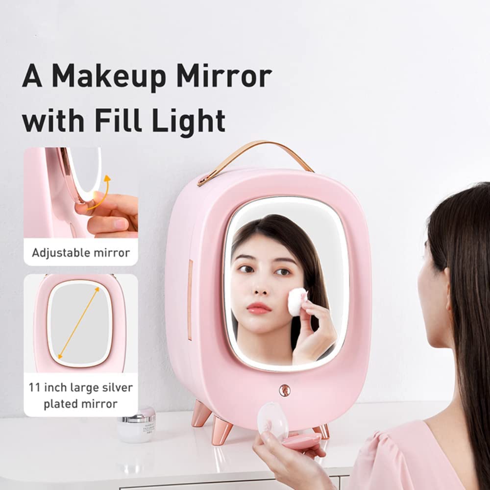 Mini Nevera - Mini Nevera de Belleza LED con Espejo Refrigerador de Maquillaje cosmético Profesional portátil con Espejo para el Cuidado de la Piel (13L Rosa)