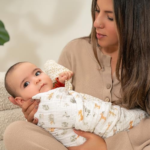 Image of aden + anais Essentials Cotton Muslin Swaddle, Breathable Baby Blanket, Ideal for Boys, Girls, Newborns, Babies & Infants, Receiving Blanket, Soft and Lightweight Wrap, 2 Pack, Giraffe Safari