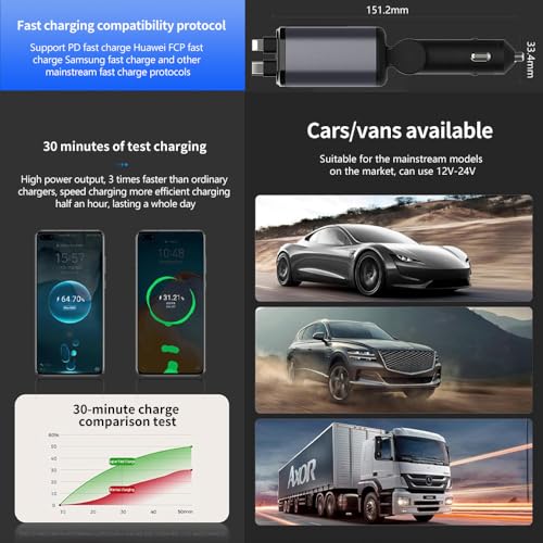 Cargador de coche retráctil soluciona cables sueltos adaptador 4 en 1 USB C para iPhone y Android 2
