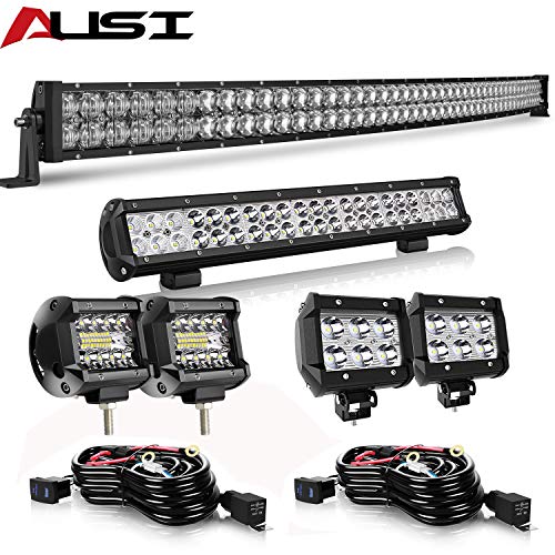 AUSI 52" 300W Curved LED Light Bar 5D Spot Flood Combo Off Road+20" 126W LED Light Bar+4pcs 4" LED Cube Pods W/Wiring Harness Rocker Switch for Truck SUV Vehicle Polaris ATV Boat