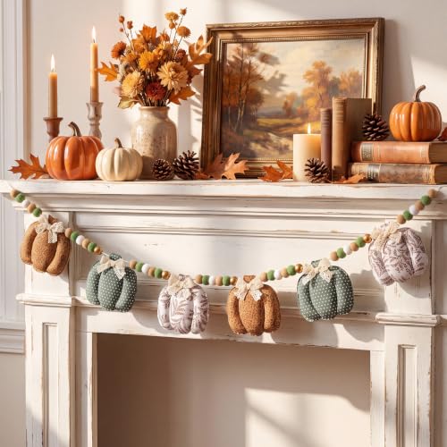 CroBlissful Fall Fabric Stuffed Pumpkin Garland 8.2 ft, Green White Orange