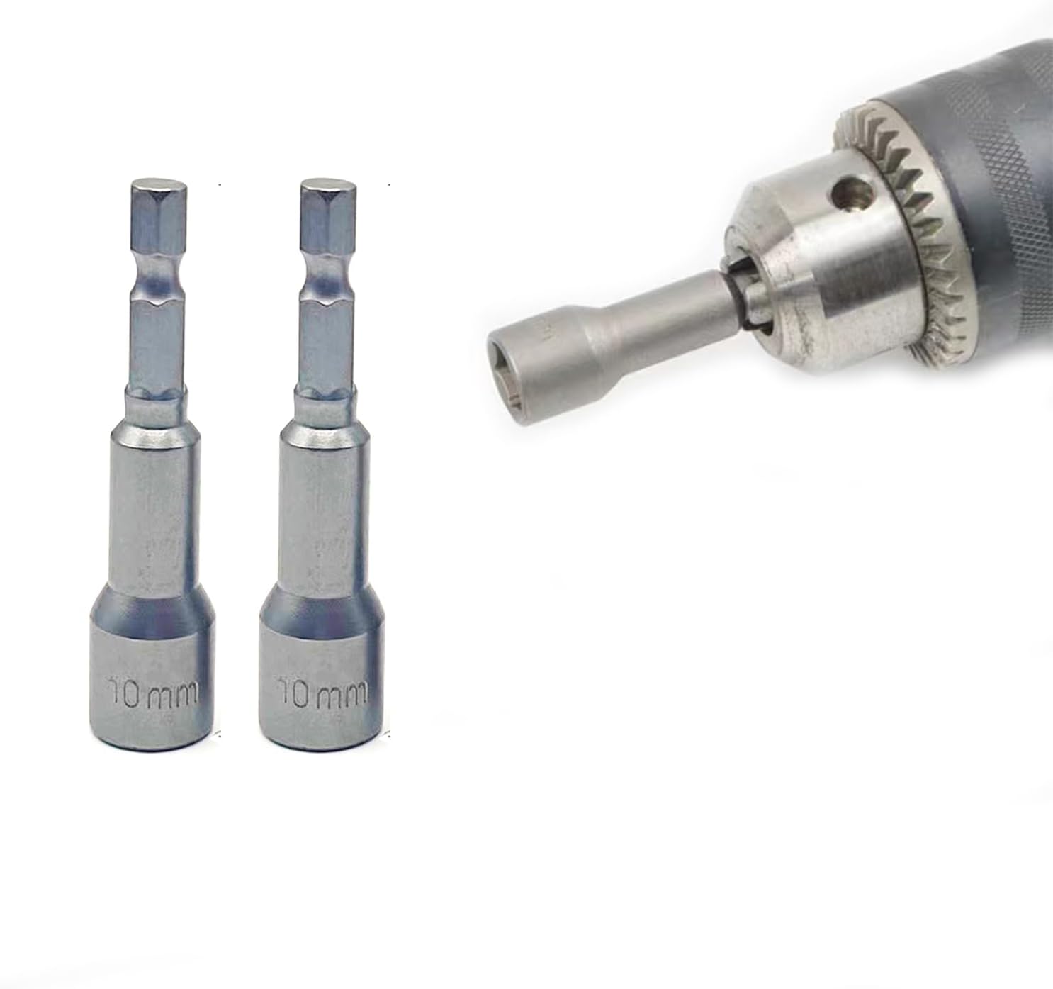 2pcs 1/4" Impact Driver Bit Set - 10mm Nut Driver, Magnetic Socket, 65mm Length, Metric